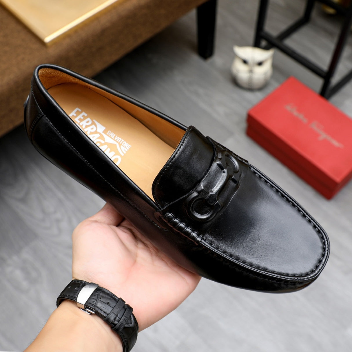 Mocassim Ferragam Social Couro Preto horsebit Preto