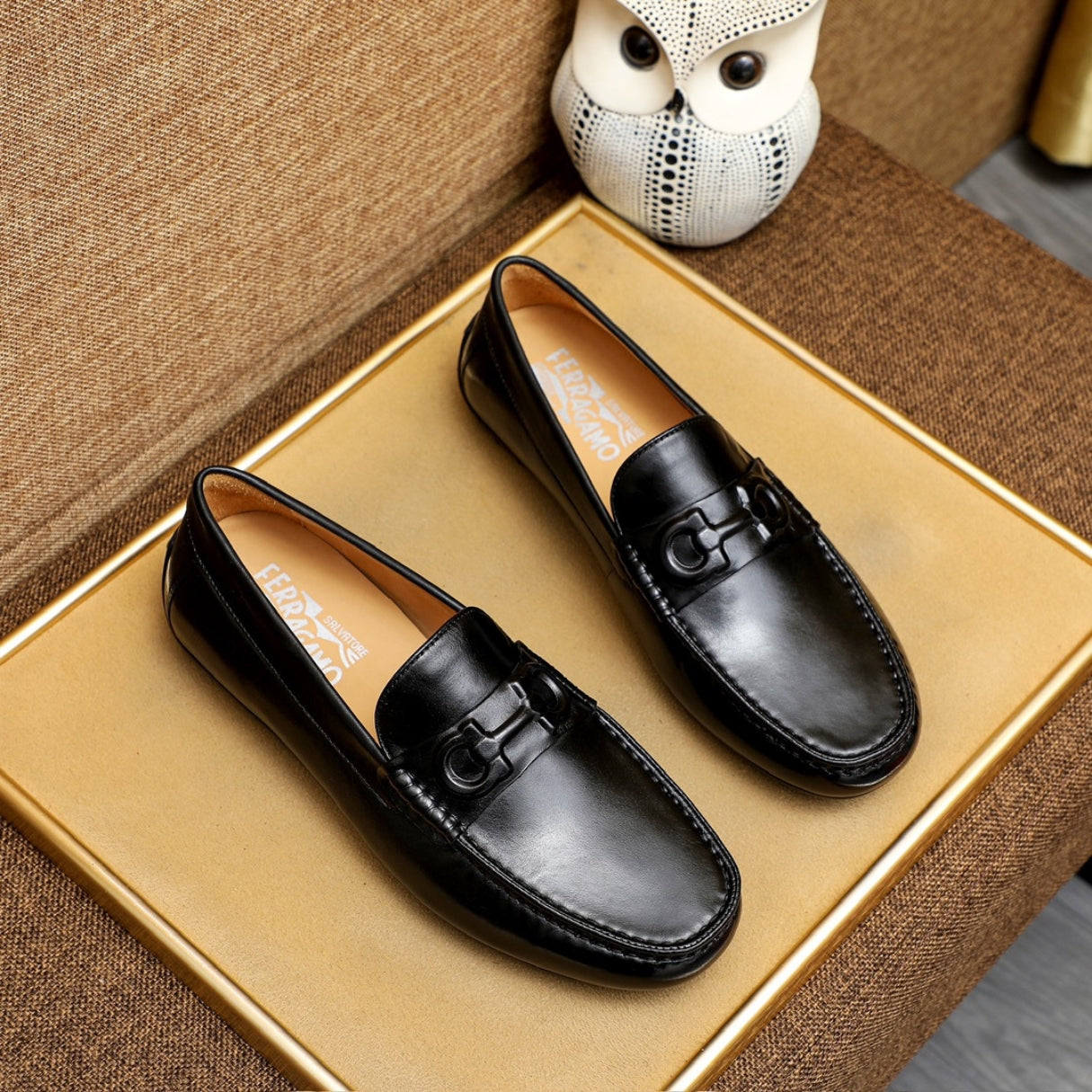 Mocassim Ferragam Social Couro Preto horsebit Preto