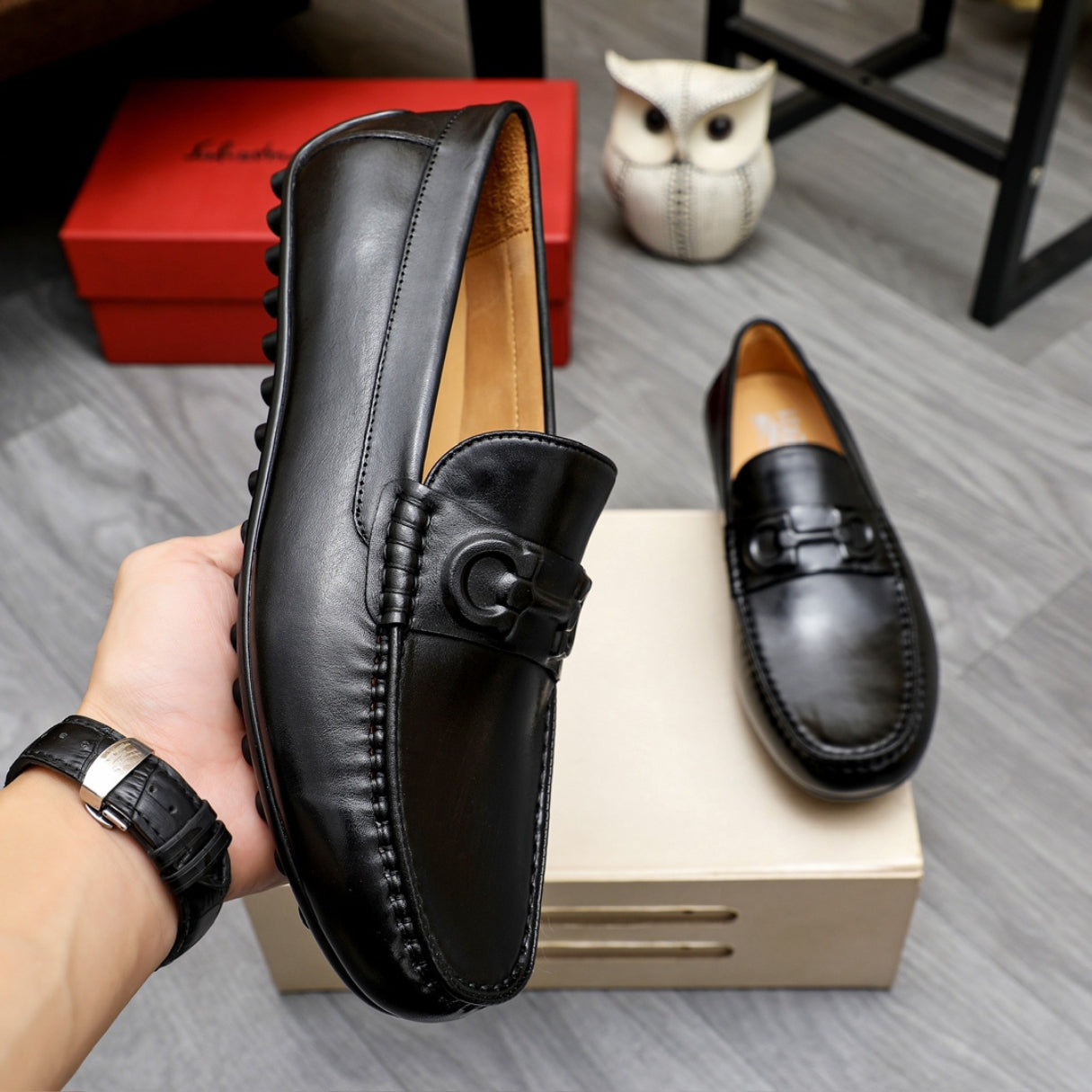 Mocassim Ferragam Social Couro Preto horsebit Preto