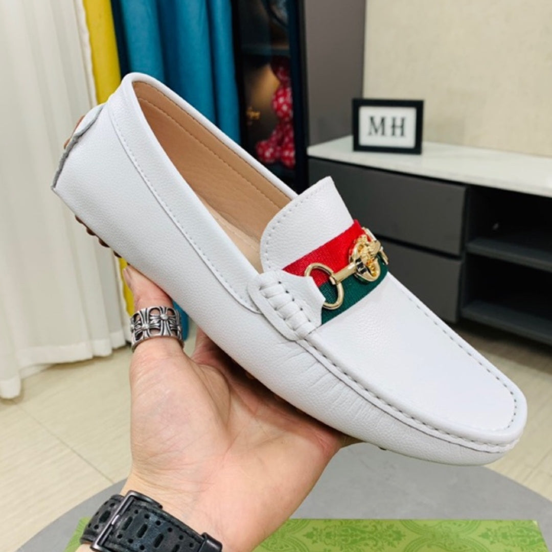 Mocassim GG Branco Couro com faixa e horsebit