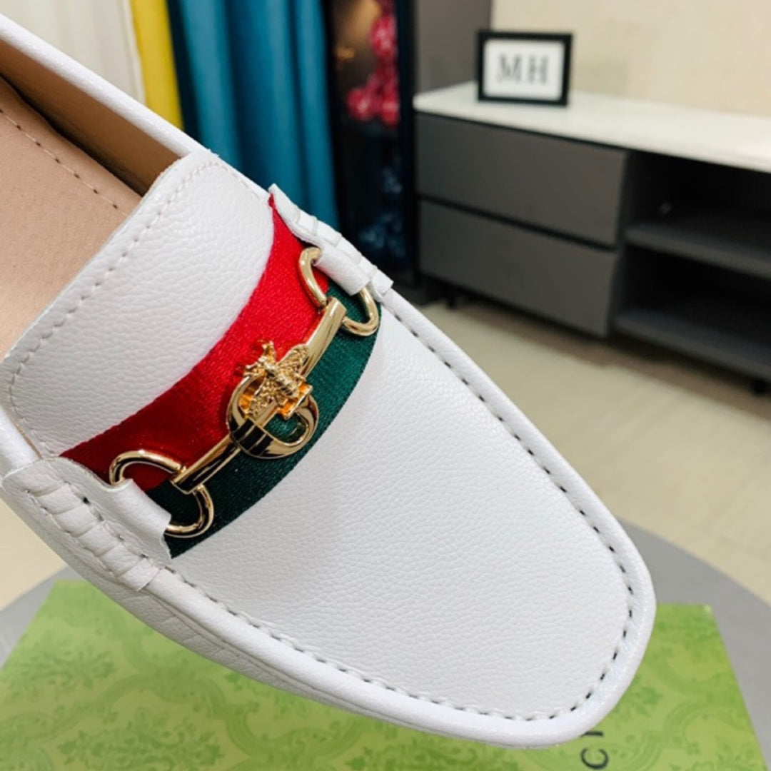 Mocassim GG Branco Couro com faixa e horsebit