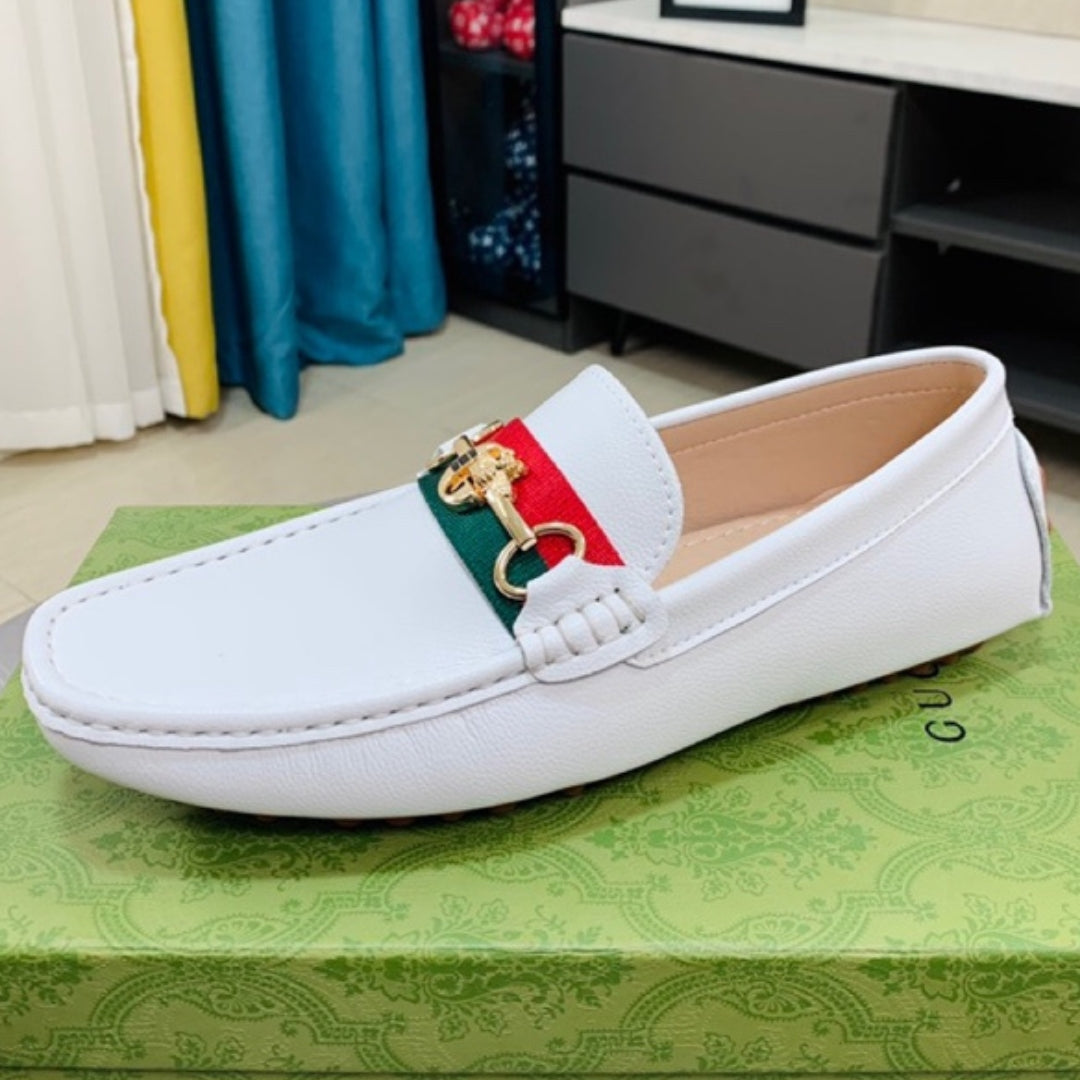 Mocassim GG Branco Couro com faixa e horsebit