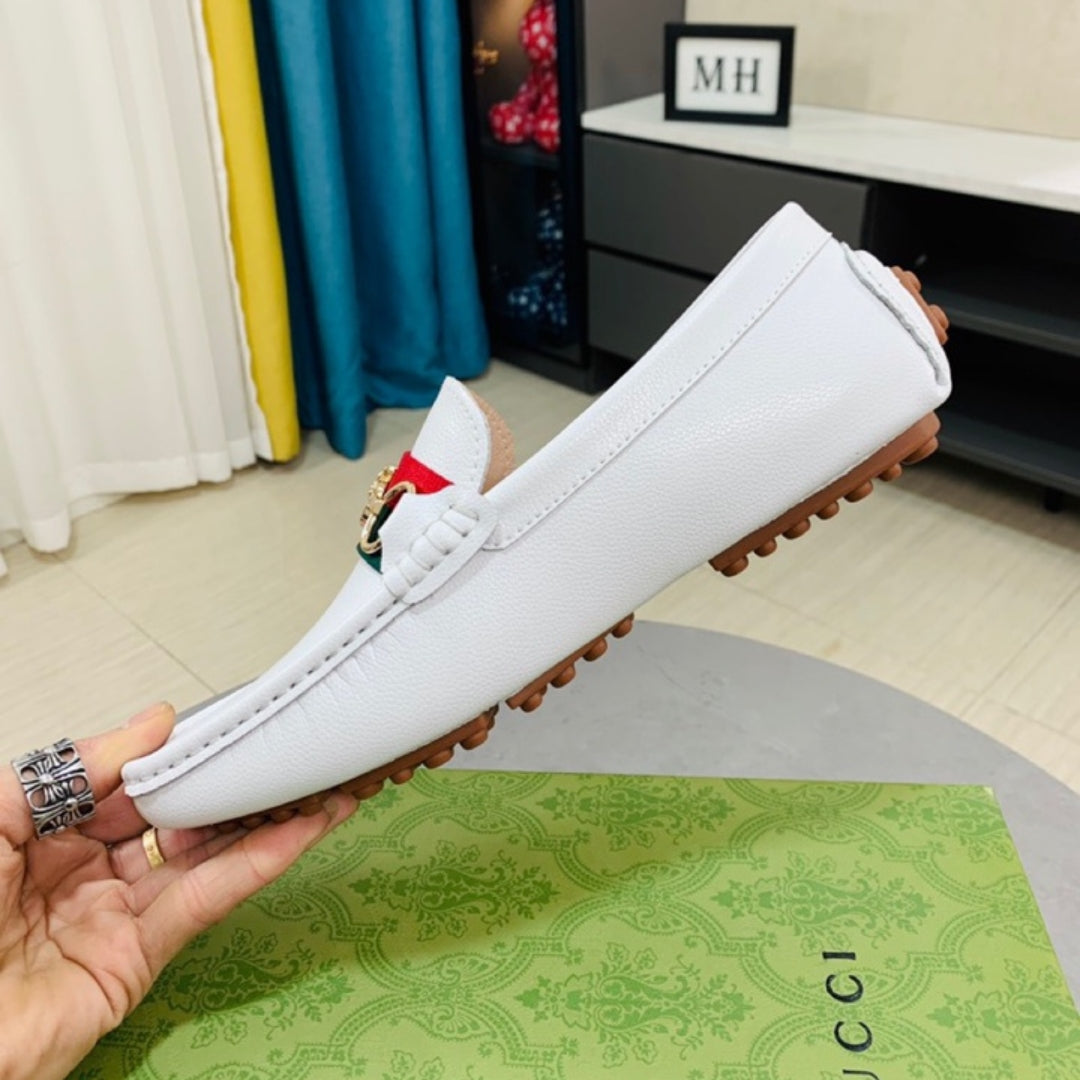 Mocassim GG Branco Couro com faixa e horsebit