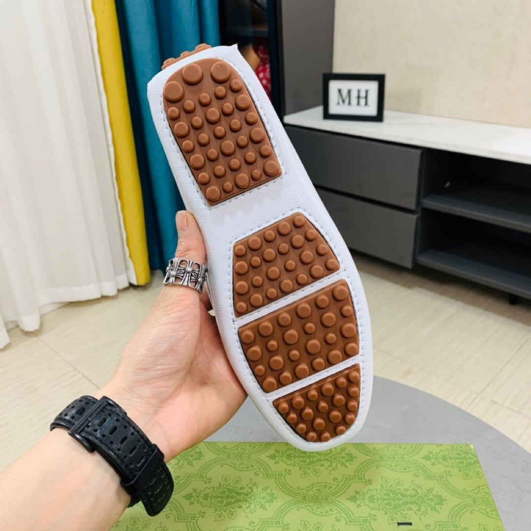 Mocassim GG Branco Couro com faixa e horsebit