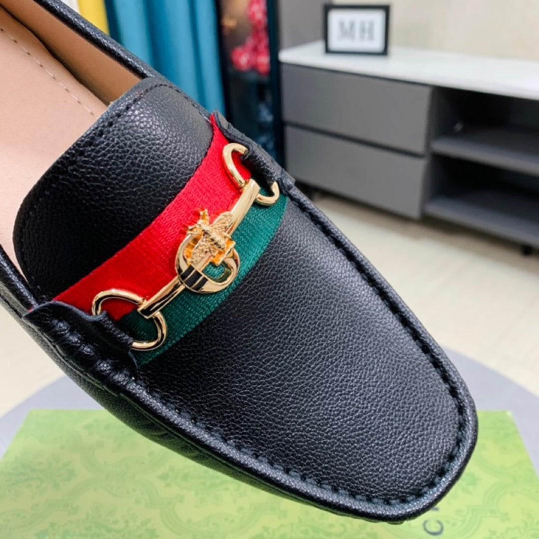 Mocassim GG Preto Couro com faixa e horsebit