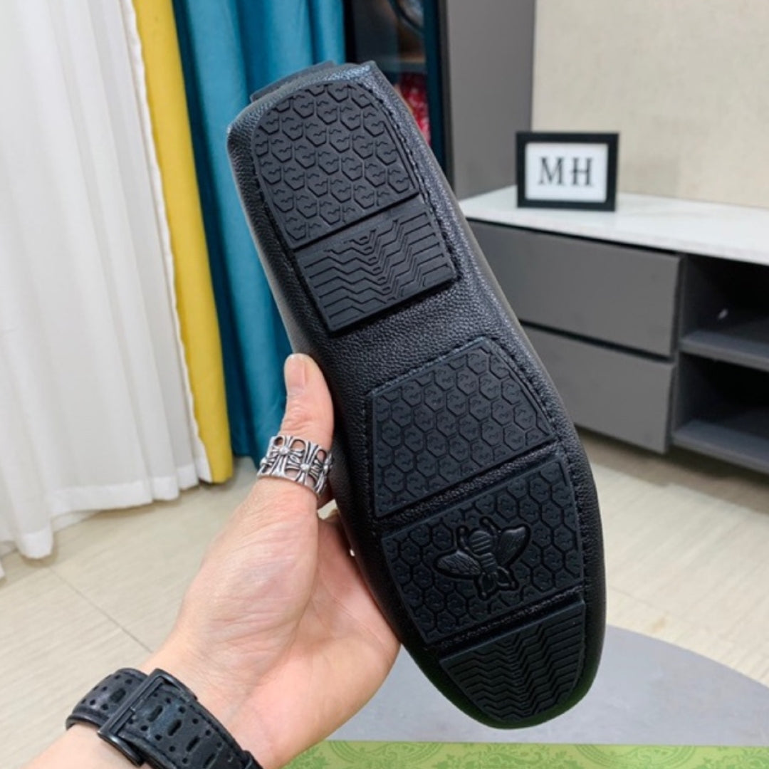 Mocassim GG Preto Couro com faixa e horsebit