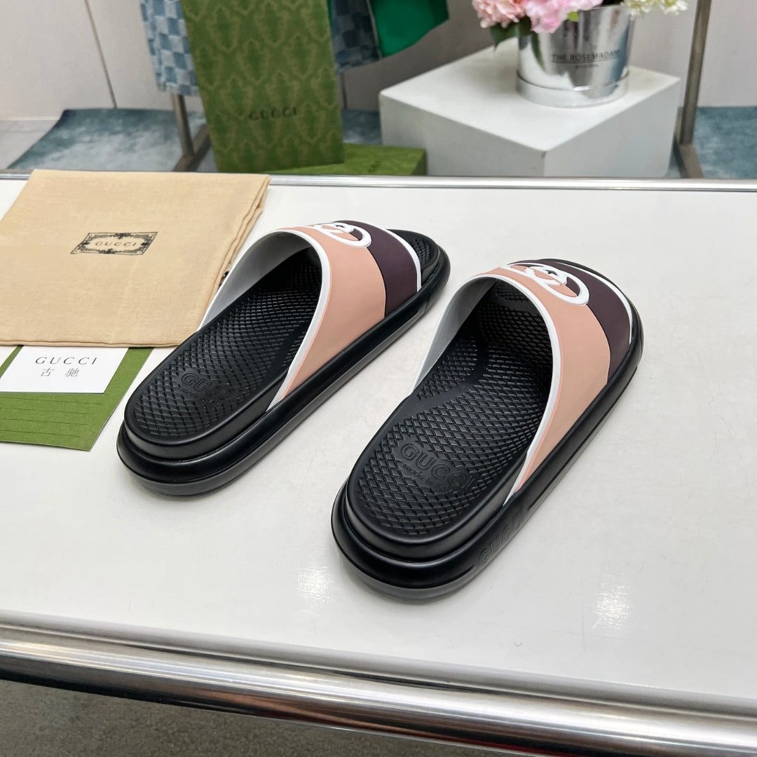 Chinelo Slide GG Interlocking preto com listras Marrom e Bege
