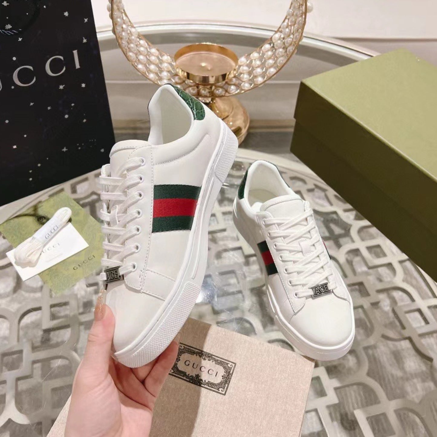 Tenis GG Ace com listras Web Branco