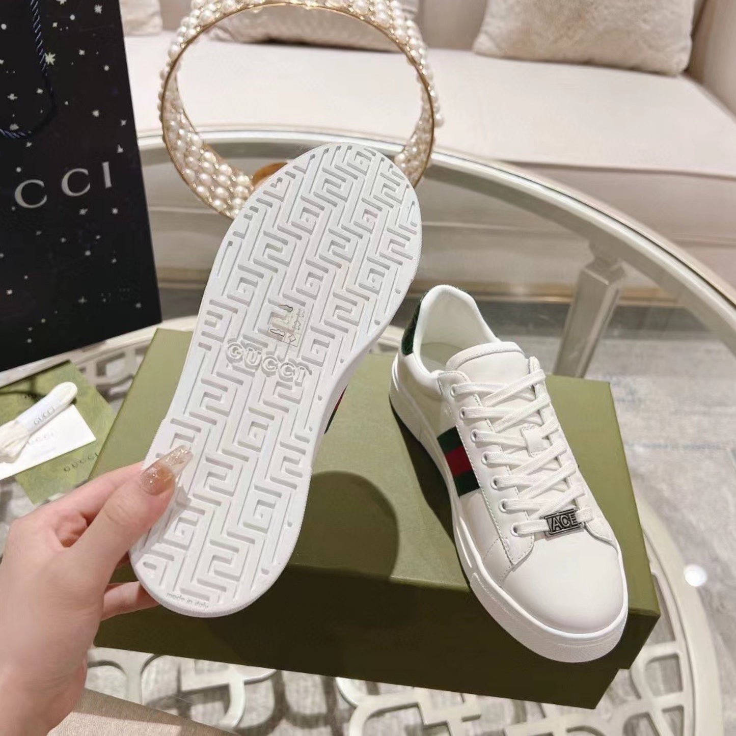 Tenis GG Ace com listras Web Branco
