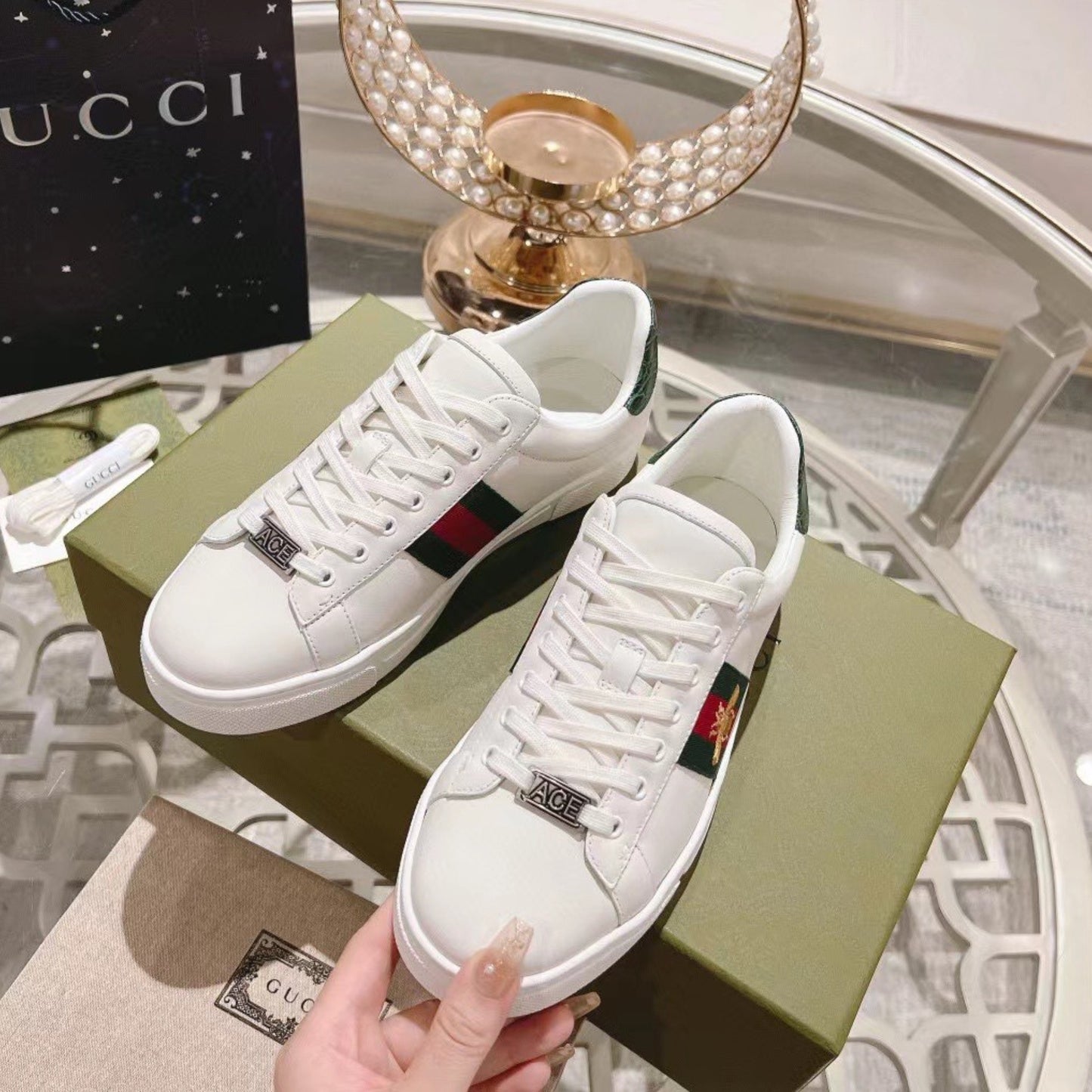 Tenis GG Ace com listras Web Branco