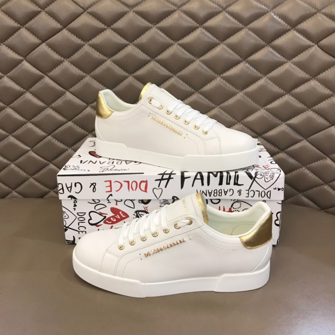 Tenis DG Portofino Couro Liso Branco com Dourado